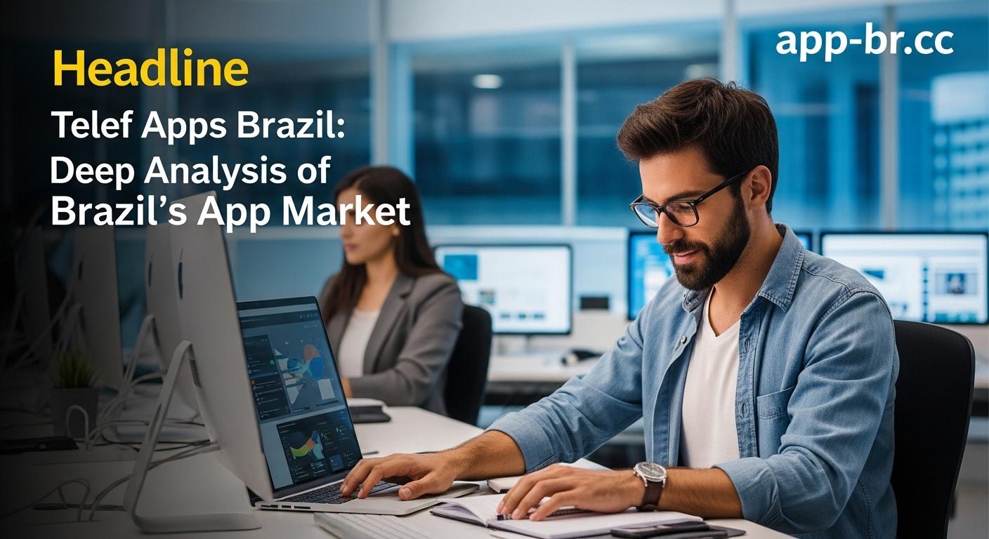 Brazilian cityscape with app icons and network lines illustrating telef Apps Brazil