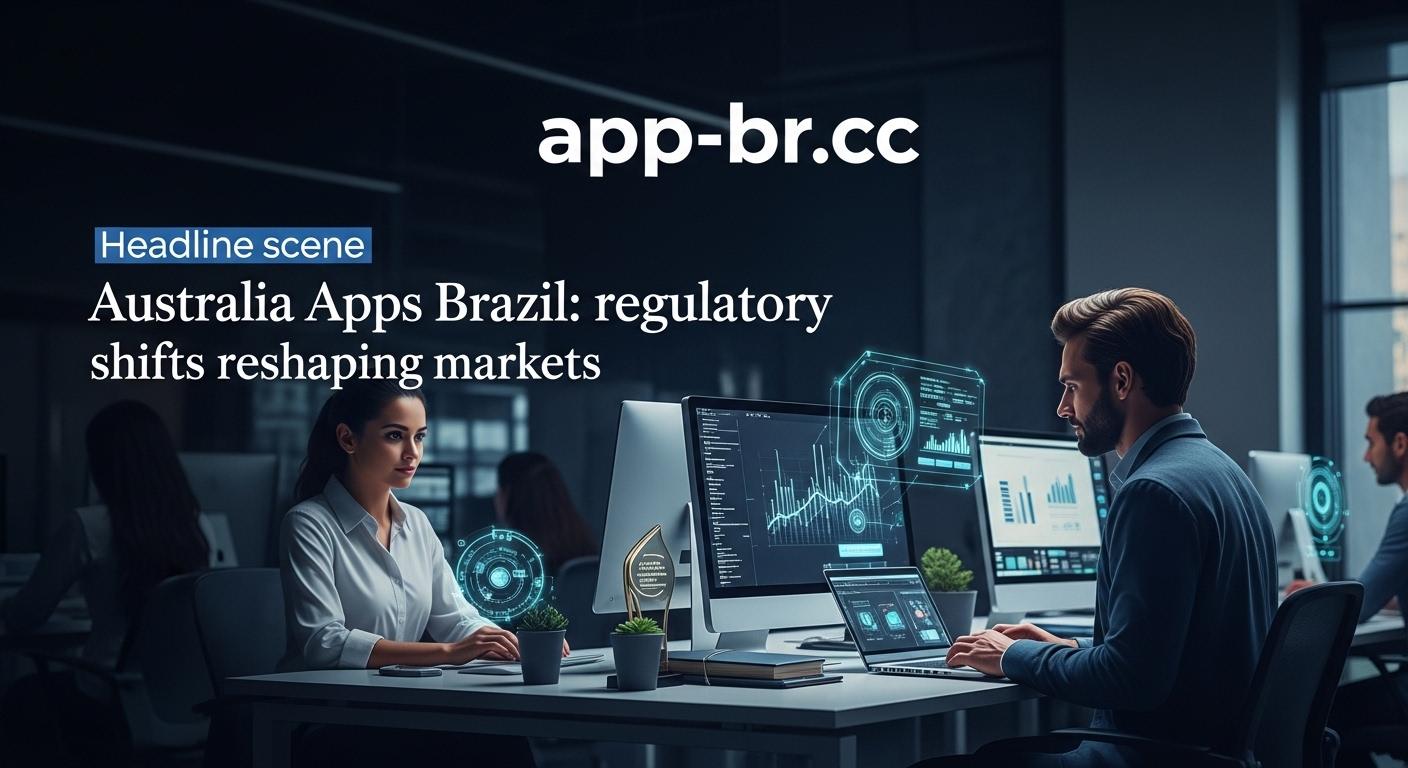 Graphic showing cross-border app ecosystems between Brazil and Australia with cloud infrastructure visuals.