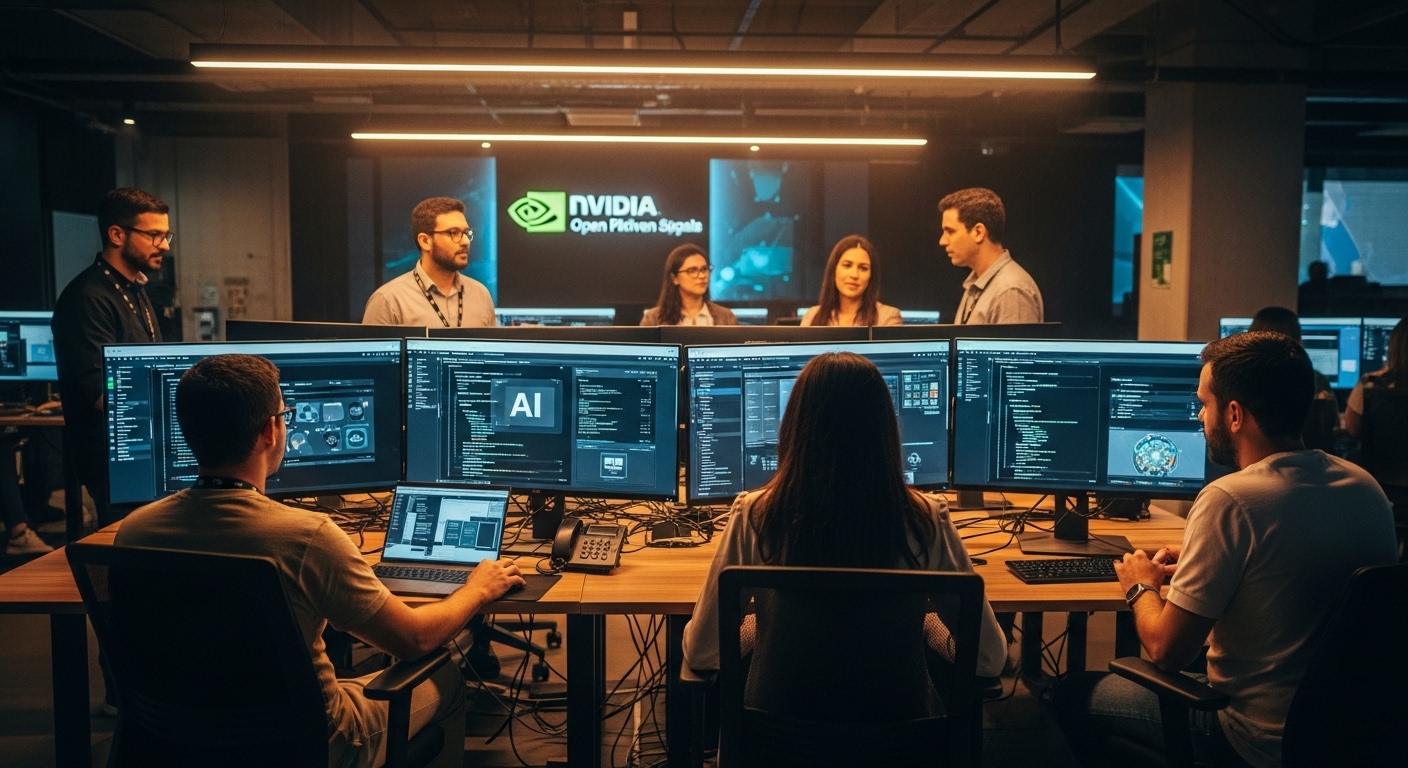 Brazilian app developers exploring NVIDIA AI platform on multiple monitors.